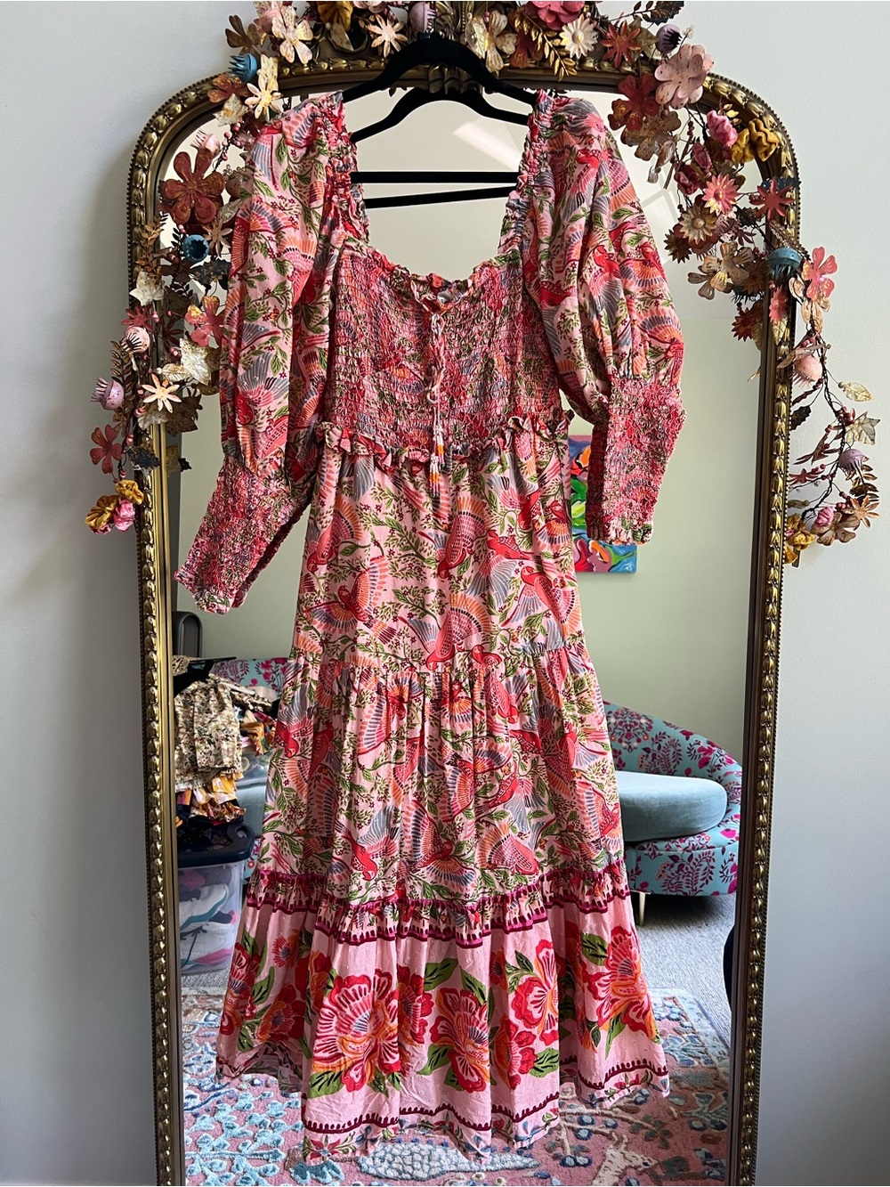 FARM Rio Pink Floral Tiered Midi Dress with Puff Sleeves